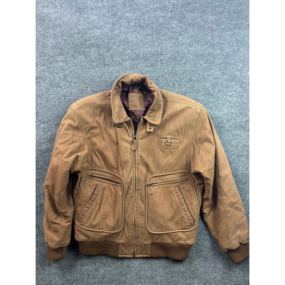 Mixed Blues Leather Bomber Jacket Mens Medium Brown Vintage Quilted Lining 11935